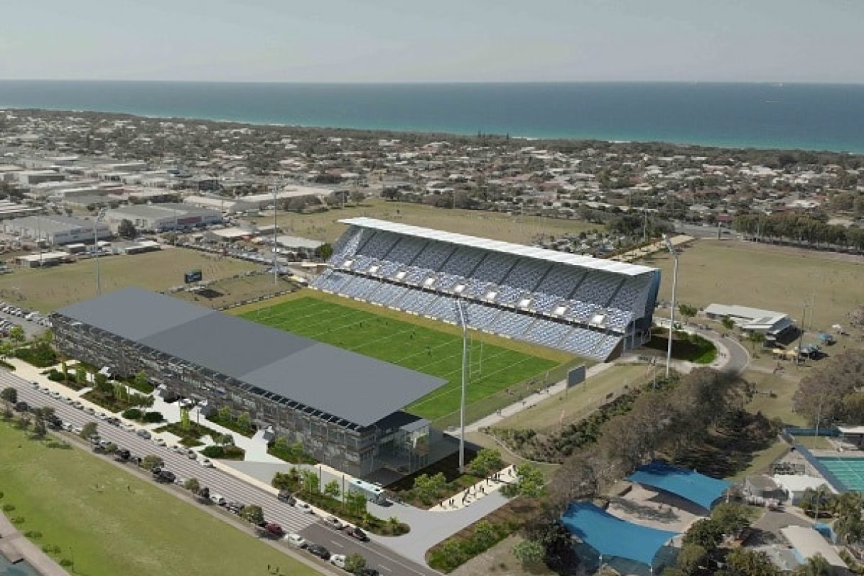 Aerial image of the Sunshine Coast Stadium Expansion project post-development, for which ADG has provided structural engineering design and analysis for the expansion of the steel structure and forensic engineering to analyse the existing structure.
