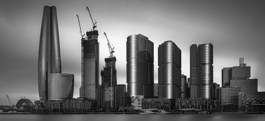 Sydney Harbour Skyline with Barangaroo Construction in Black and White