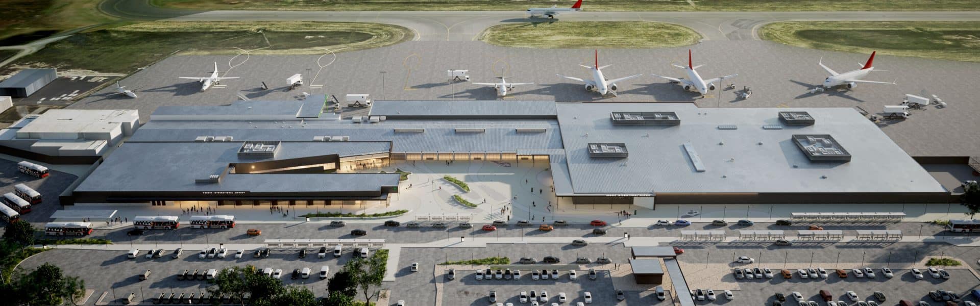 Hobart Airport terminal expansion aerial view showing upgraded departures, aircraft stands and forecourt in Cambridge Tasmania